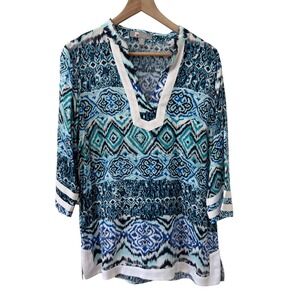 Tina Stephens Tunic M Blue White Ikat Medallion 3/4 Sleeve Rayon Split V-Neck
